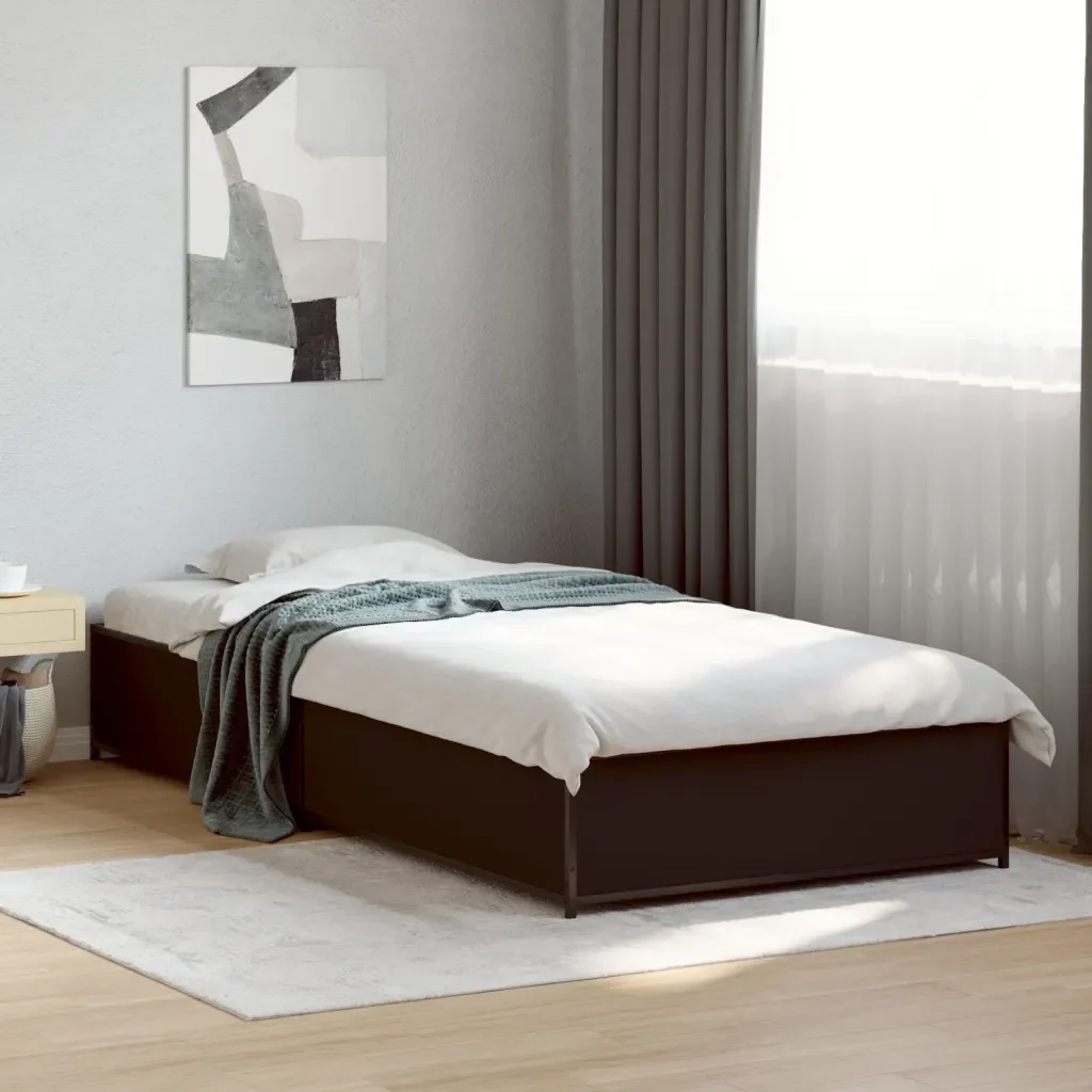 Letto singolo | Letto per adulti | Giroletto Nero 90x190 cm in Legno Multistrato e Metallo - Image 2