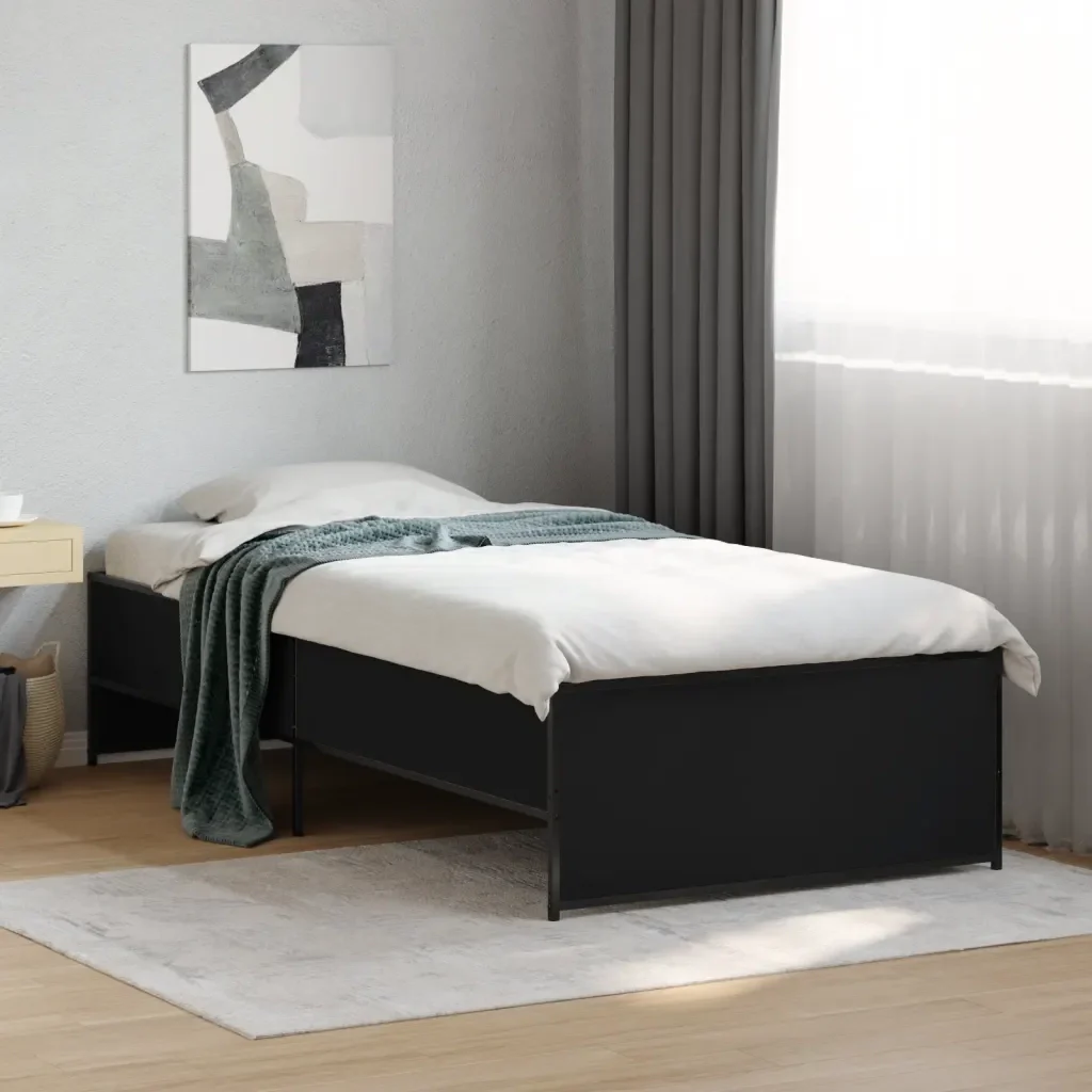 Letto singolo | Letto per adulti | Giroletto Nero 90x190 cm in Legno Multistrato e Metallo - Image 2