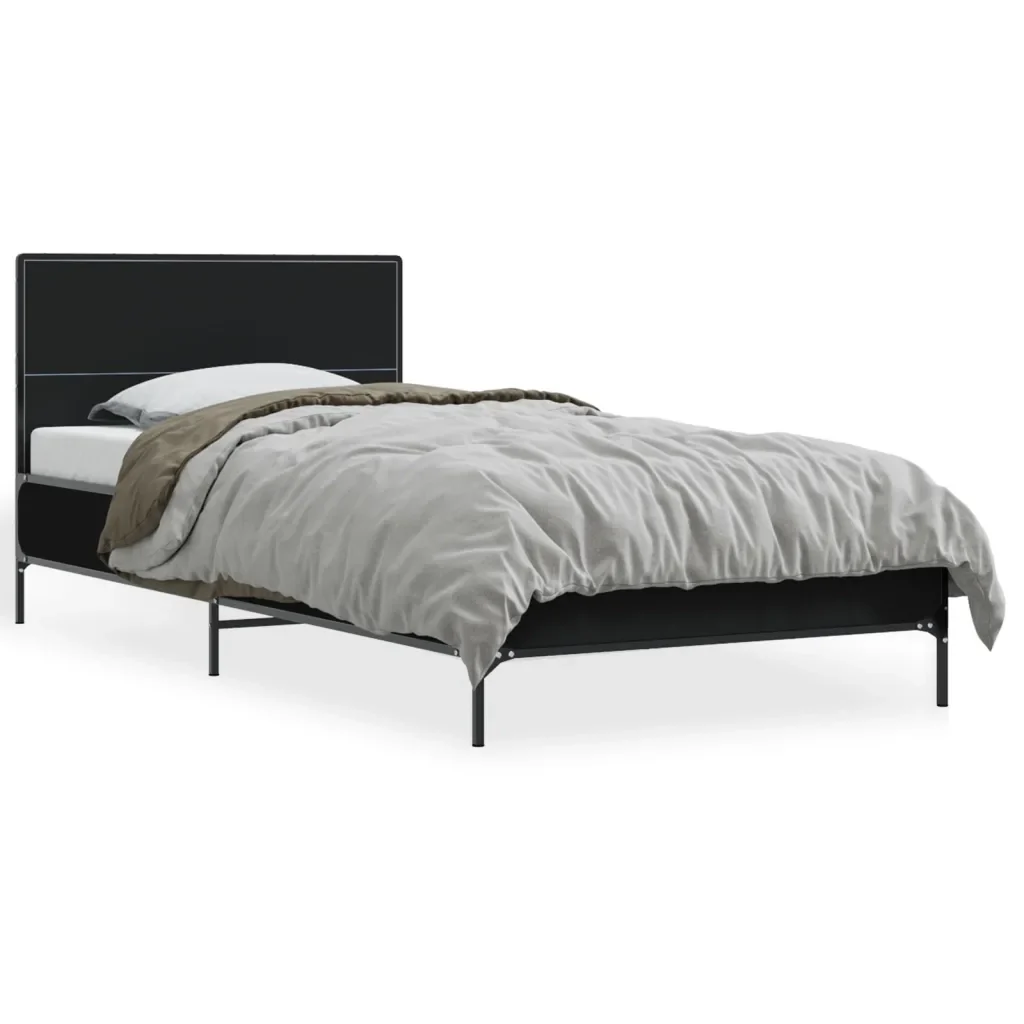Letto singolo | Letto per adulti | Giroletto Nero 90x190 cm in Legno Multistrato e Metallo
