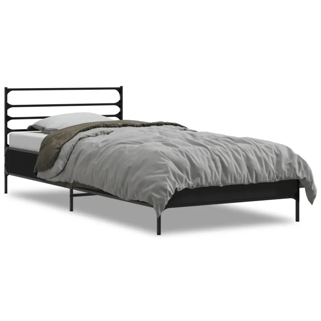 Letto singolo | Letto per adulti | Giroletto Nero 90x190 cm in Legno Multistrato e Metallo