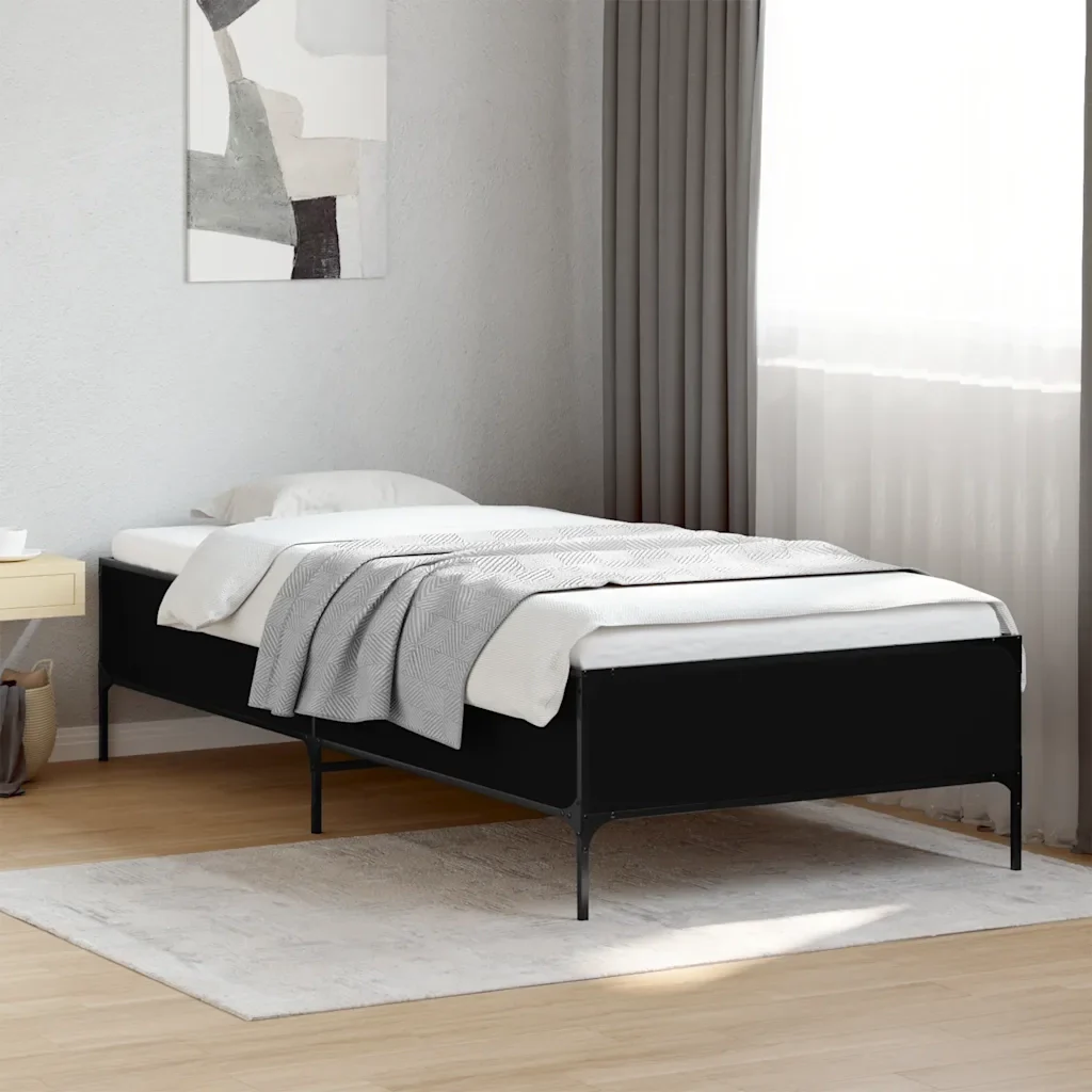 Letto singolo | Letto per adulti | Giroletto Nero 90x200 cm in Legno Multistrato e Metallo - Image 2