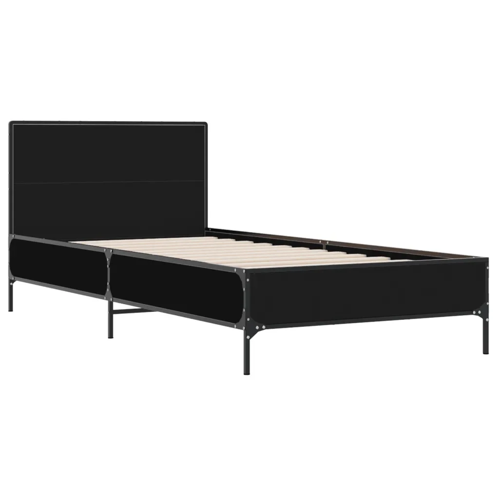 Letto singolo | Letto per adulti | Giroletto Nero 90x200 cm in Legno Multistrato e Metallo - Image 4