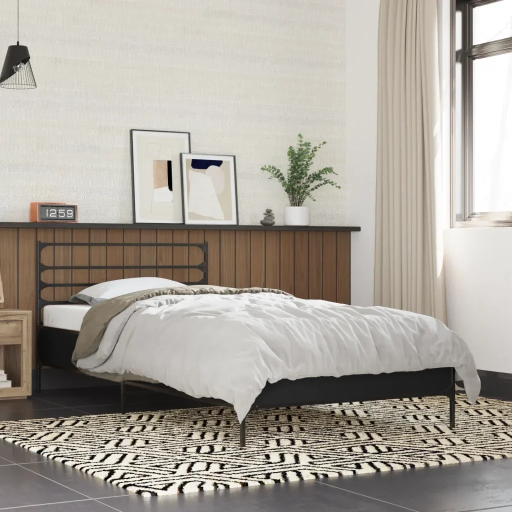 Letto singolo | Letto per adulti | Giroletto Nero 90x200 cm in Legno Multistrato e Metallo - Image 2