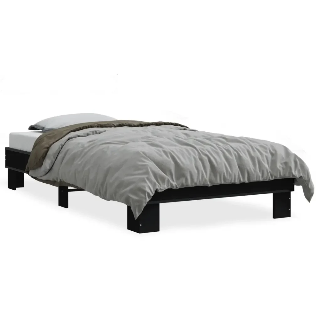 Letto singolo | Letto per adulti | Giroletto Nero 90x200 cm in Legno Multistrato e Metallo