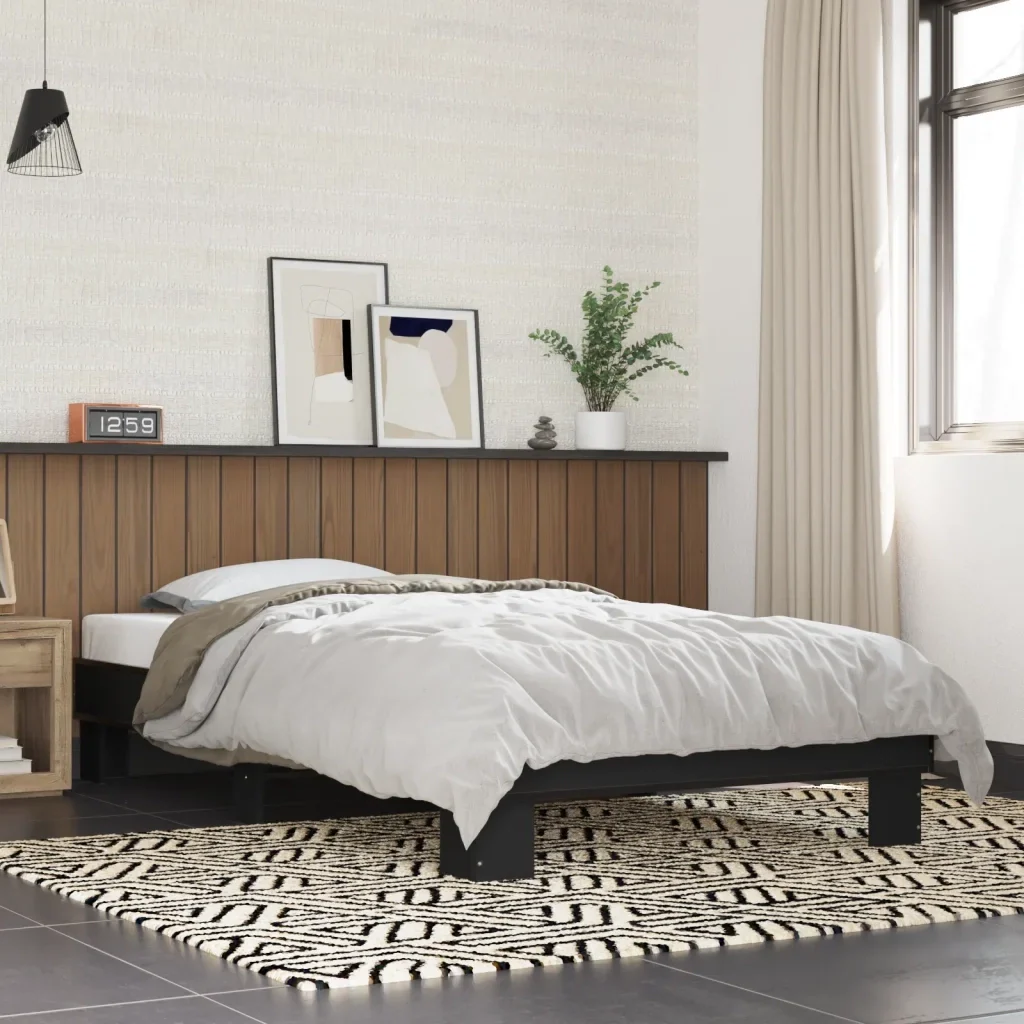 Letto singolo | Letto per adulti | Giroletto Nero 90x200 cm in Legno Multistrato e Metallo - Image 2