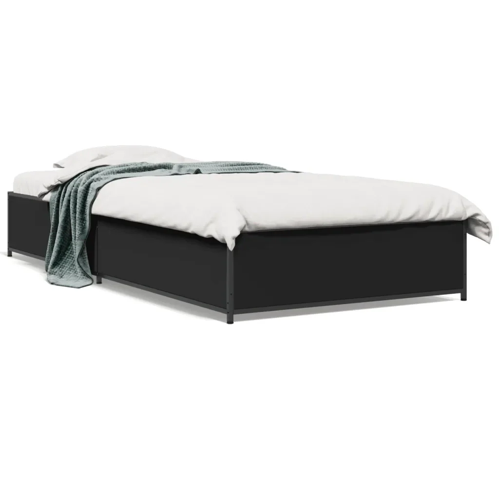 Letto singolo | Letto per adulti | Giroletto Nero 90x200 cm in Legno Multistrato e Metallo