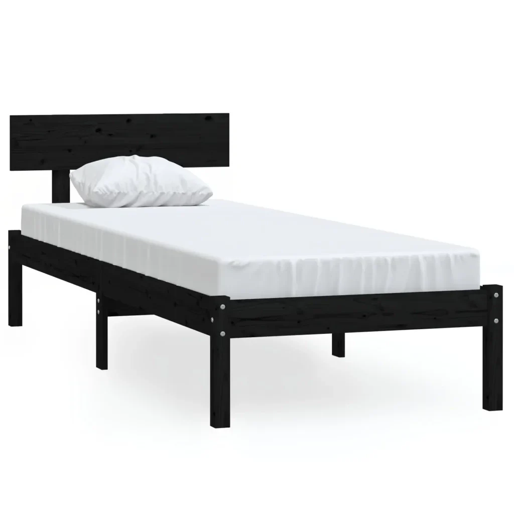 Letto singolo | Letto per adulti | Giroletto Nero in Legno Massello di Pino 90x190 cm Single