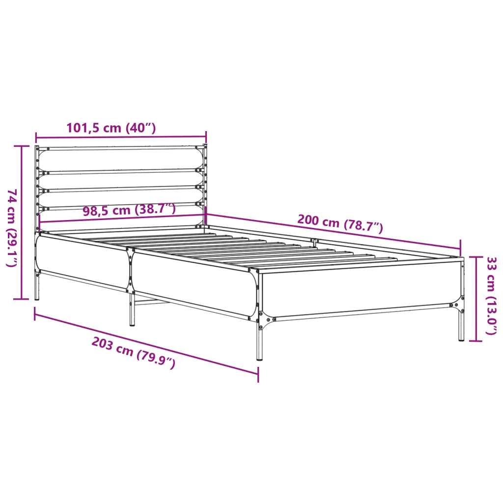 Letto singolo | Letto per adulti | Giroletto Rovere Fumo 100x200 cm in Legno Multistrato e Metallo - Image 9