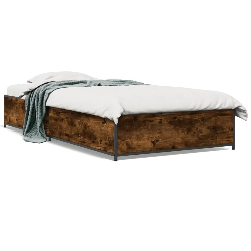 Letto singolo | Letto per adulti | Giroletto Rovere Fumo 75x190 cm in Legno Multistrato e Metallo