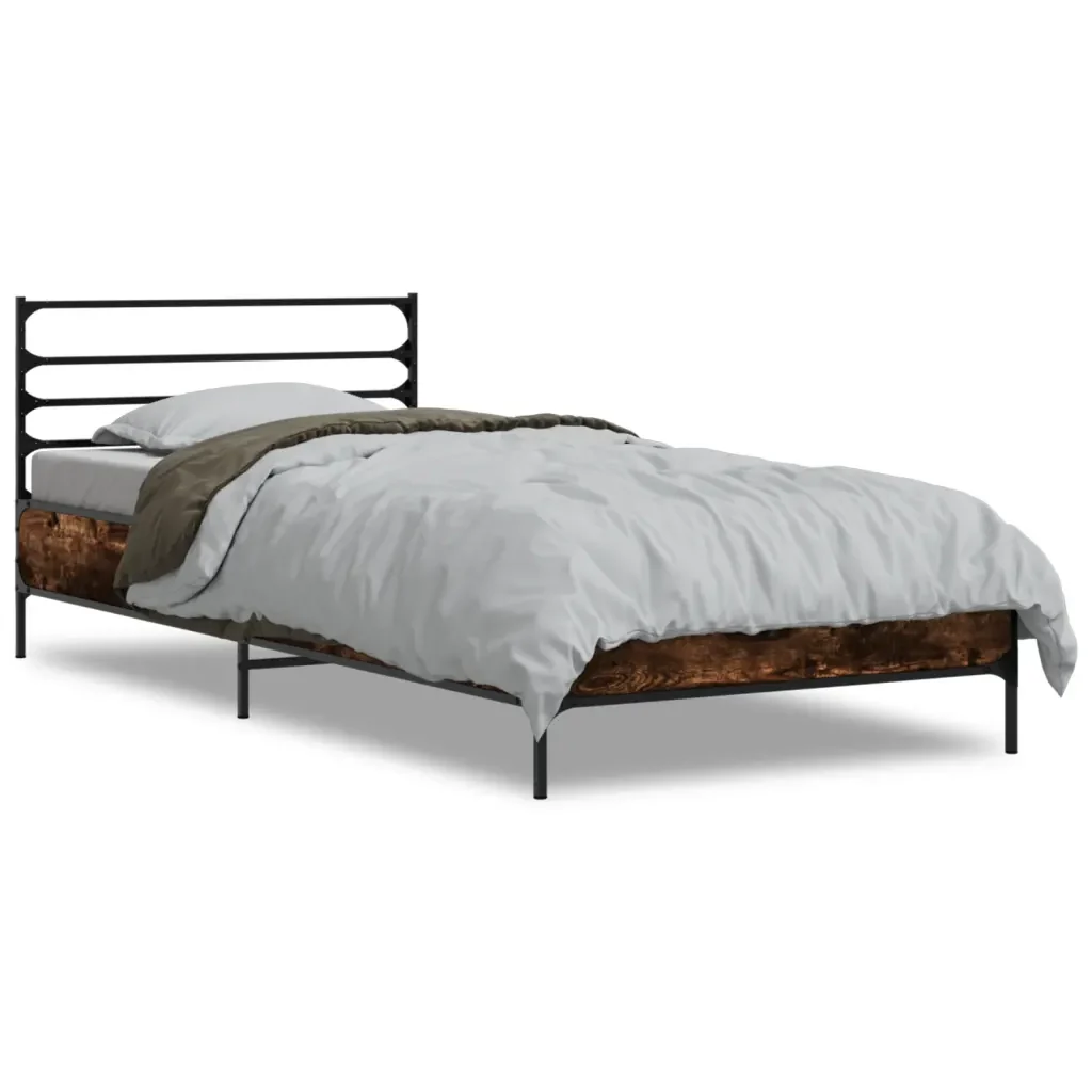 Letto singolo | Letto per adulti | Giroletto Rovere Fumo 90x190 cm in Legno Multistrato e Metallo