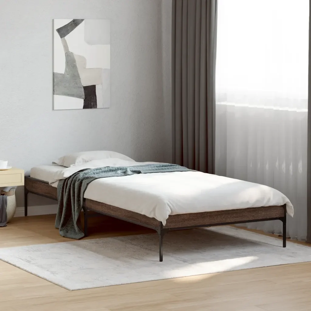 Letto singolo | Letto per adulti | Giroletto Rovere Marrone 100x200 cm Legno Multistrato e Metallo - Image 2