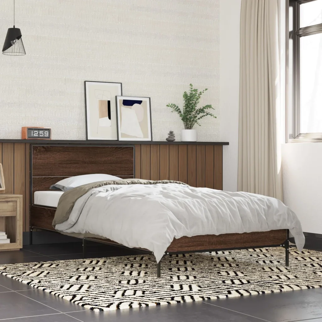 Letto singolo | Letto per adulti | Giroletto Rovere Marrone 100x200 cm Legno Multistrato e Metallo - Image 2