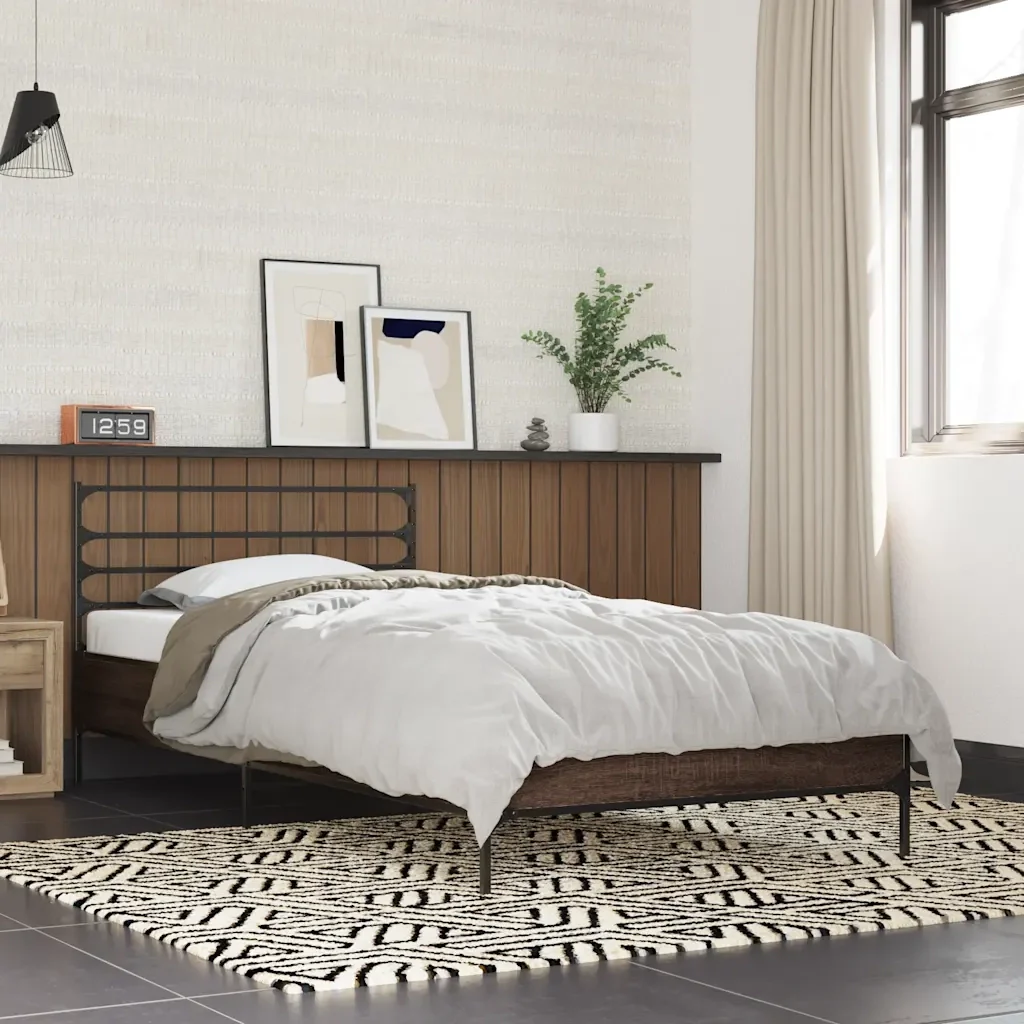 Letto singolo | Letto per adulti | Giroletto Rovere Marrone 100x200 cm Legno Multistrato e Metallo - Image 2