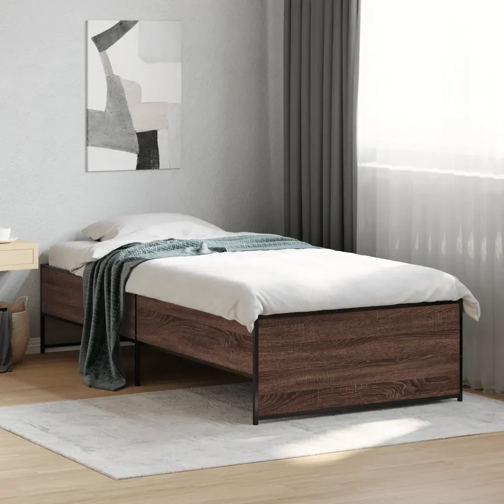 Letto singolo | Letto per adulti | Giroletto Rovere Marrone 75x190 cm Legno Multistrato e Metallo - Image 2