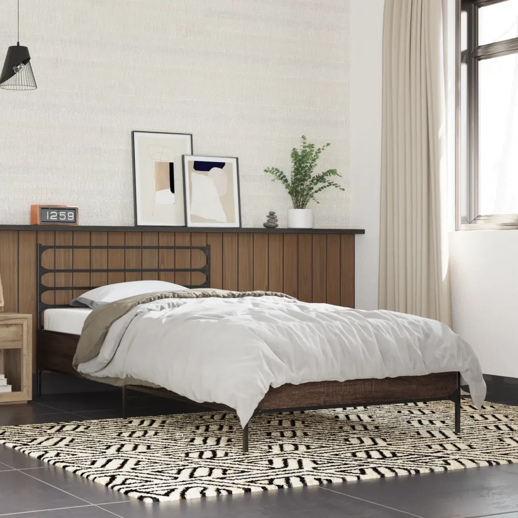 Letto singolo | Letto per adulti | Giroletto Rovere Marrone 75x190 cm Legno Multistrato e Metallo - Image 2