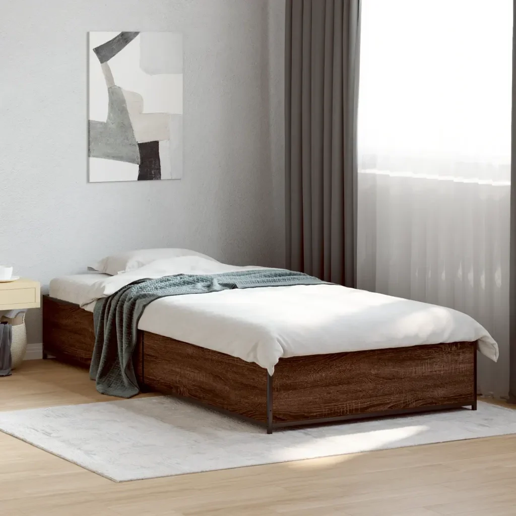 Letto singolo | Letto per adulti | Giroletto Rovere Marrone 90x190 cm Legno Multistrato e Metallo - Image 2