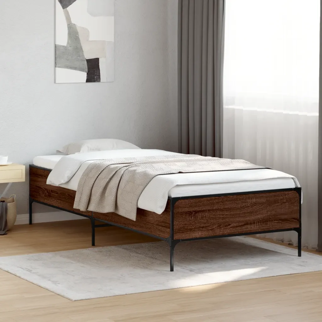 Letto singolo | Letto per adulti | Giroletto Rovere Marrone 90x200 cm Legno Multistrato e Metallo - Image 2
