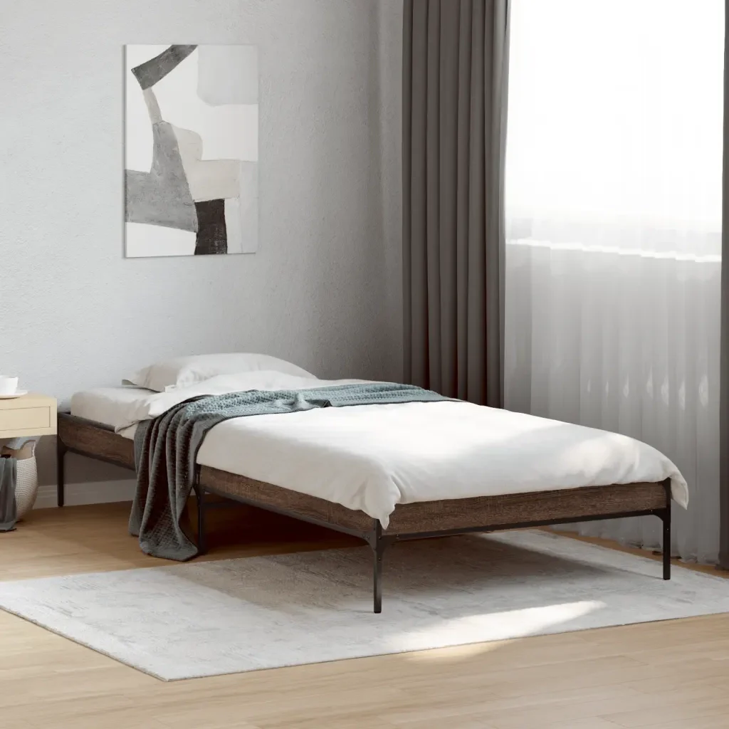 Letto singolo | Letto per adulti | Giroletto Rovere Marrone 90x200 cm Legno Multistrato e Metallo - Image 2