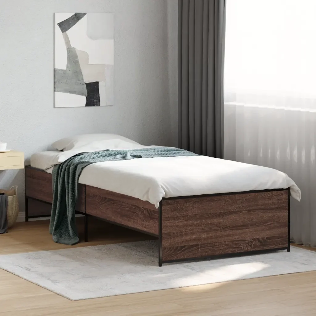 Letto singolo | Letto per adulti | Giroletto Rovere Marrone 90x200 cm Legno Multistrato e Metallo - Image 2
