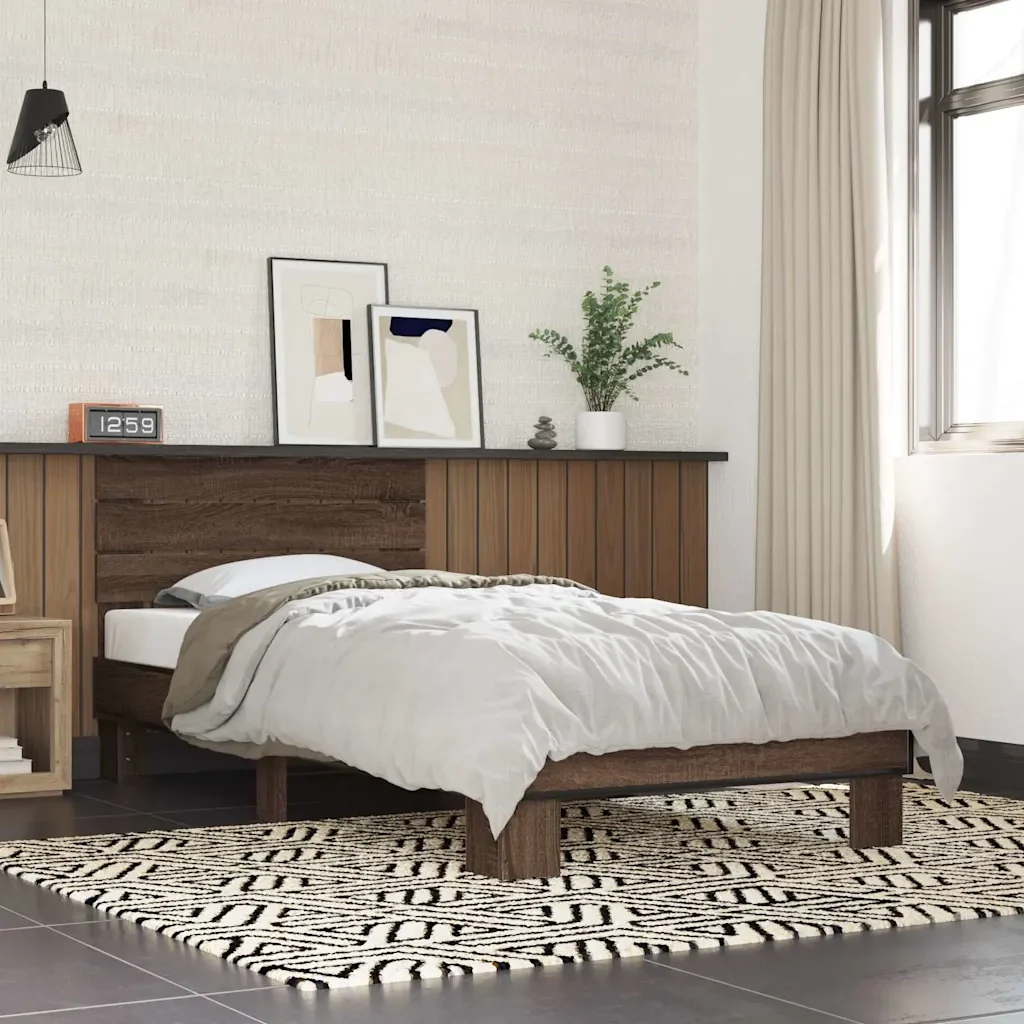 Letto singolo | Letto per adulti | Giroletto Rovere Marrone 90x200 cm Legno Multistrato e Metallo - Image 2