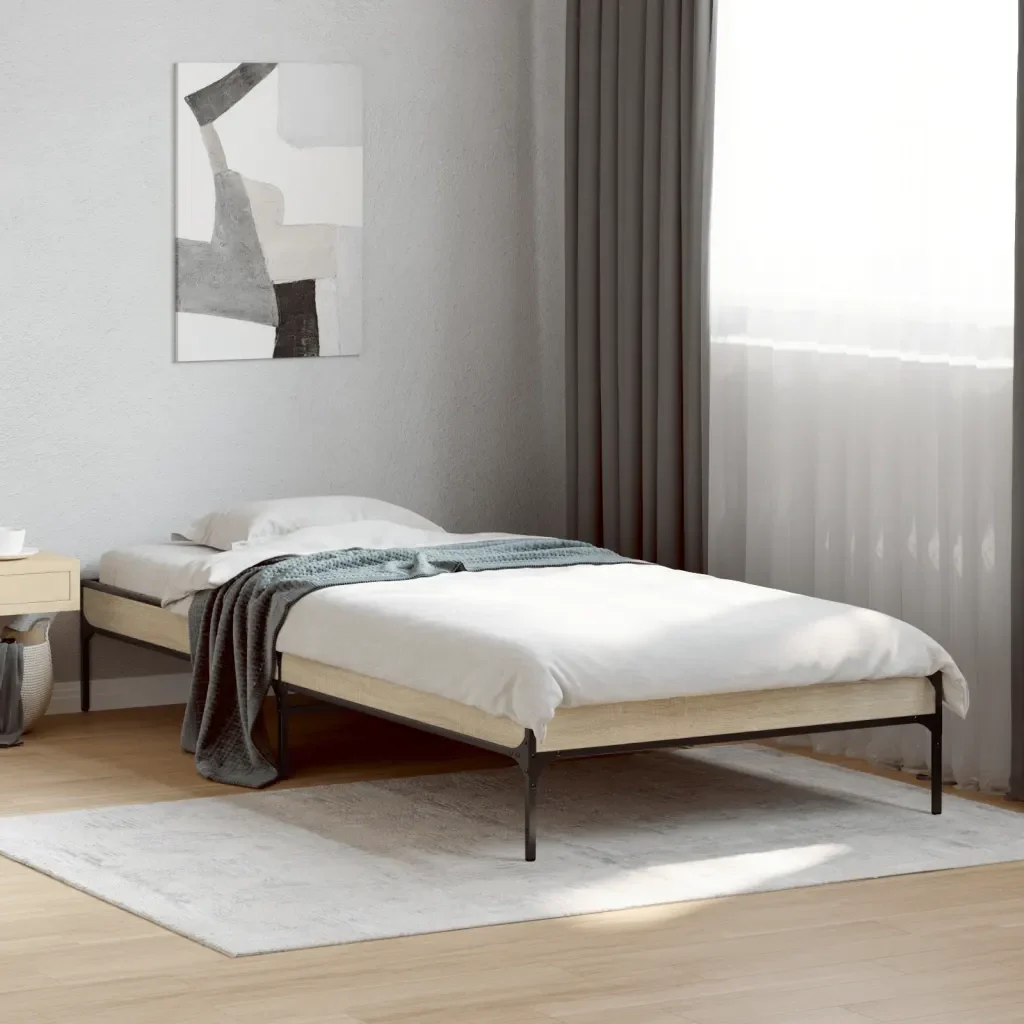 Letto singolo | Letto per adulti | Giroletto Rovere Sonoma 100x200 cm Legno Multistrato e Metallo - Image 2