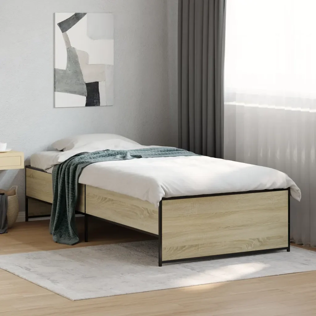 Letto singolo | Letto per adulti | Giroletto Rovere Sonoma 100x200 cm Legno Multistrato e Metallo - Image 3