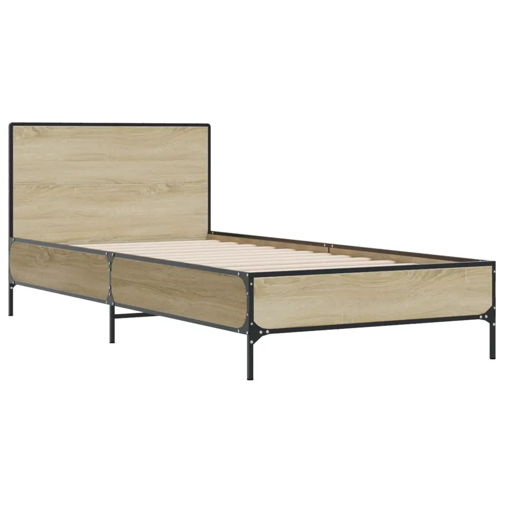 Letto singolo | Letto per adulti | Giroletto Rovere Sonoma 100x200 cm Legno Multistrato e Metallo - Image 4