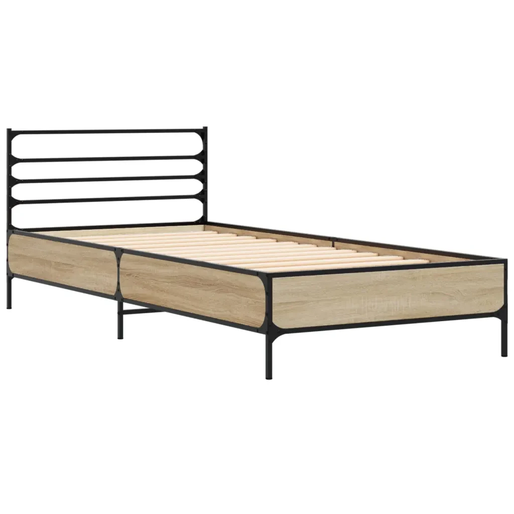 Letto singolo | Letto per adulti | Giroletto Rovere Sonoma 100x200 cm Legno Multistrato e Metallo - Image 4