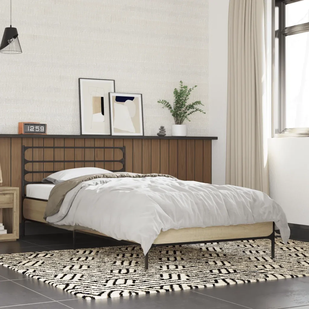 Letto singolo | Letto per adulti | Giroletto Rovere Sonoma 75x190cm in Legno Multistrato e Metallo - Image 2