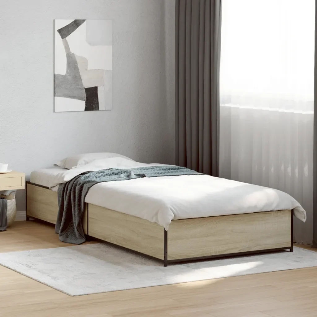 Letto singolo | Letto per adulti | Giroletto Rovere Sonoma 75x190cm in Legno Multistrato e Metallo - Image 2
