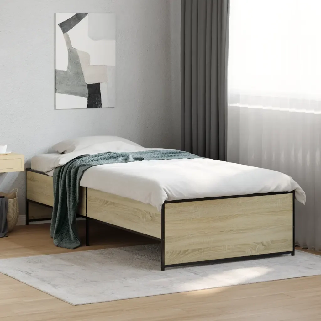 Letto singolo | Letto per adulti | Giroletto Rovere Sonoma 75x190cm in Legno Multistrato e Metallo - Image 2