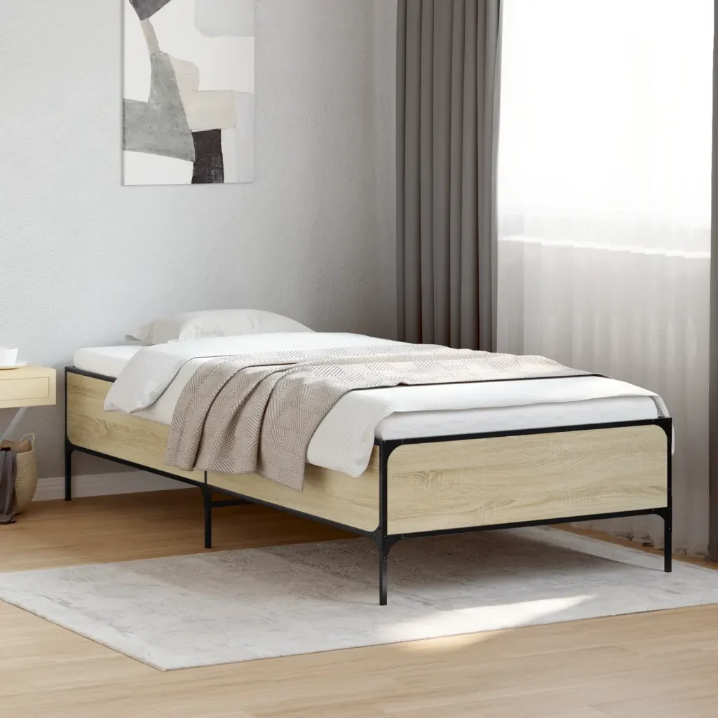 Letto singolo | Letto per adulti | Giroletto Rovere Sonoma 75x190cm in Legno Multistrato e Metallo - Image 2