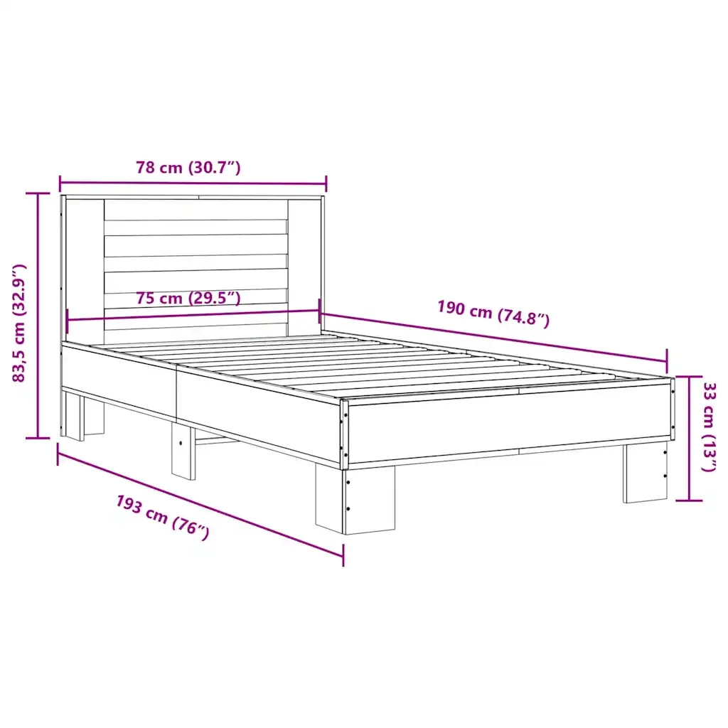 Letto singolo | Letto per adulti | Giroletto Rovere Sonoma 75x190cm in Legno Multistrato e Metallo - Image 9