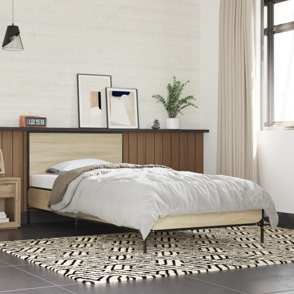 Letto singolo | Letto per adulti | Giroletto Rovere Sonoma 90x200 cm Legno Multistrato e Metallo - Image 2