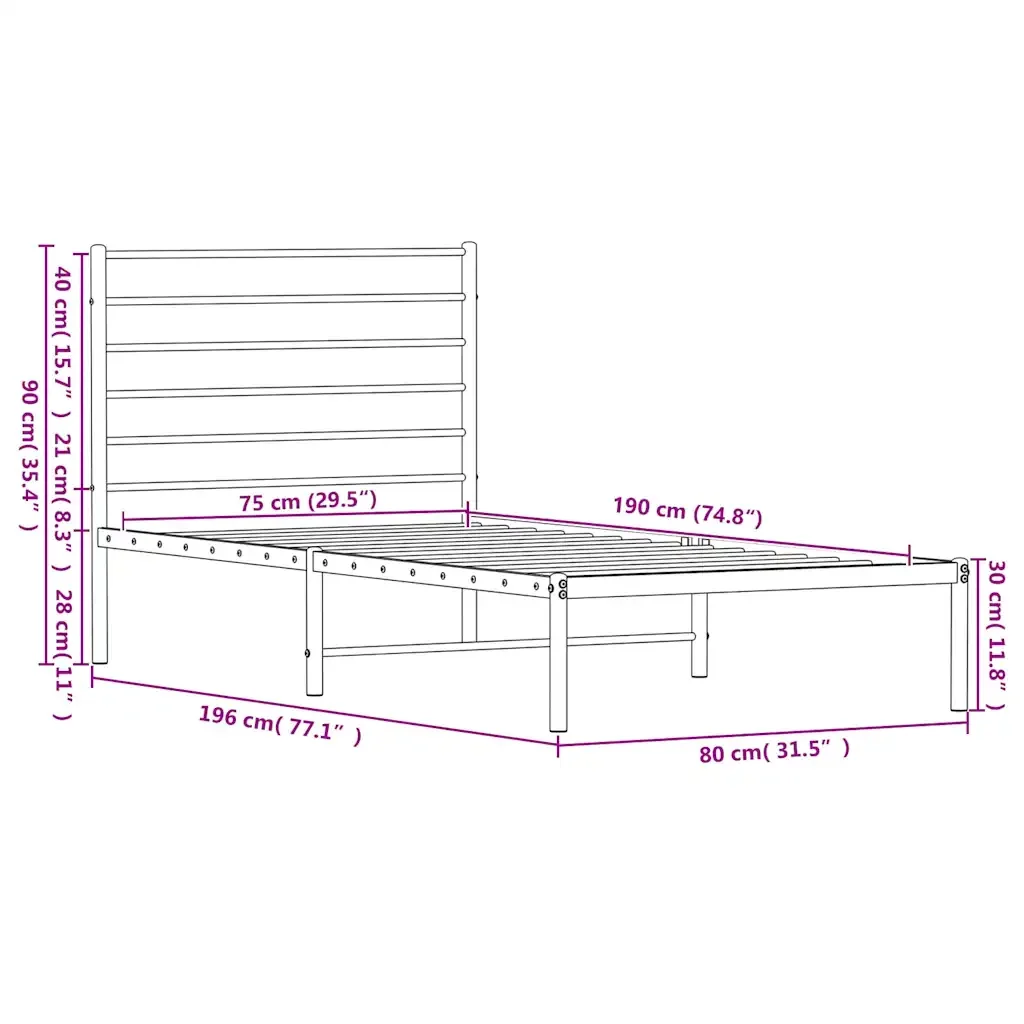 Letto singolo | Letto per adulti | Giroletto senza Materaso con Testiera Metallo Bianco 75x190 cm - Image 10