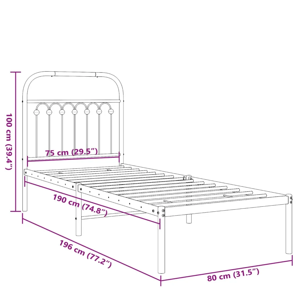 Letto singolo | Letto per adulti | Giroletto senza Materaso con Testiera Metallo Bianco 75x190 cm - Image 8