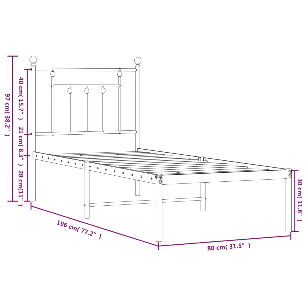 Letto singolo | Letto per adulti | Giroletto senza Materaso con Testiera Metallo Bianco 75x190 cm - Image 10