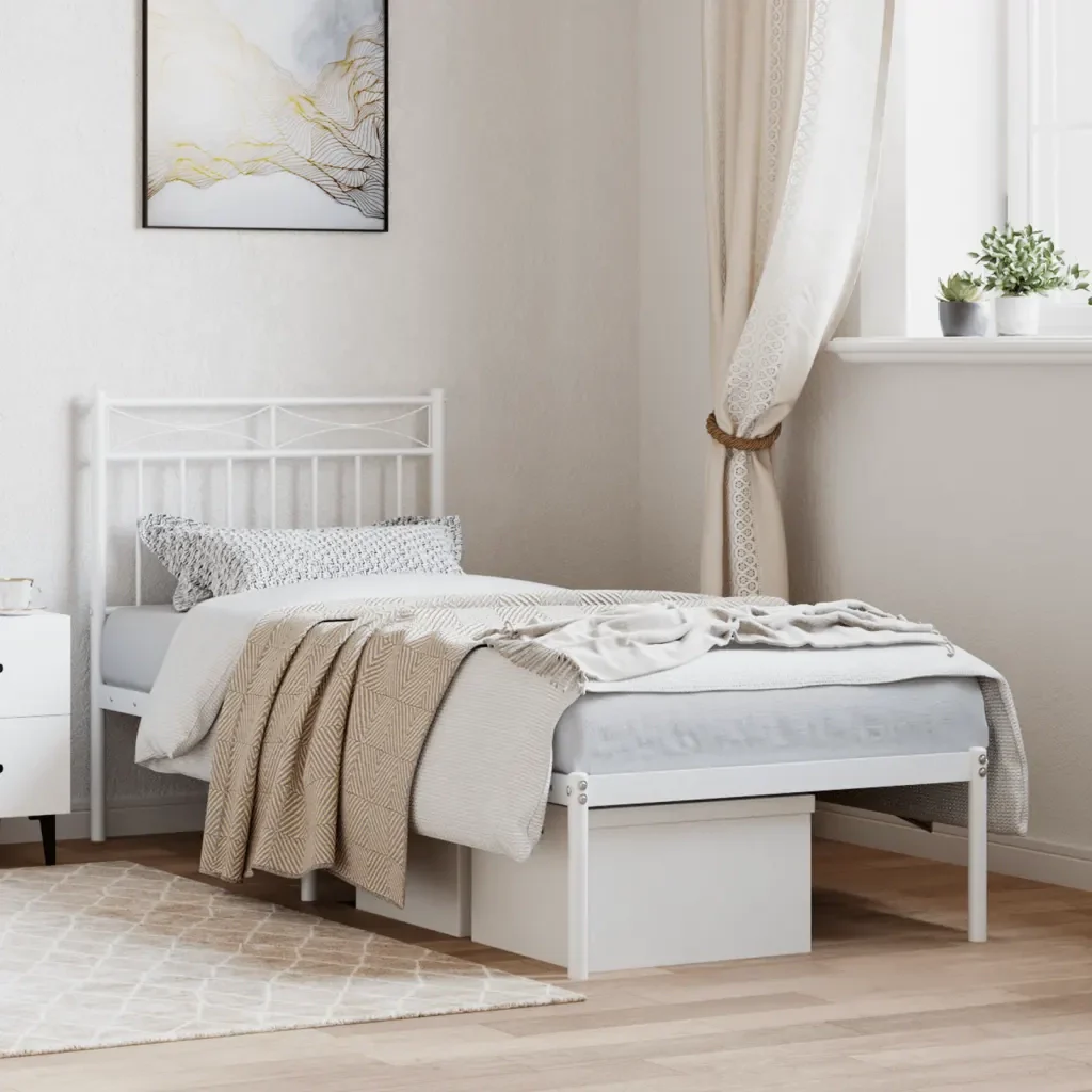 Letto singolo | Letto per adulti | Giroletto senza Materaso con Testiera Metallo Bianco 75x190 cm - Image 2