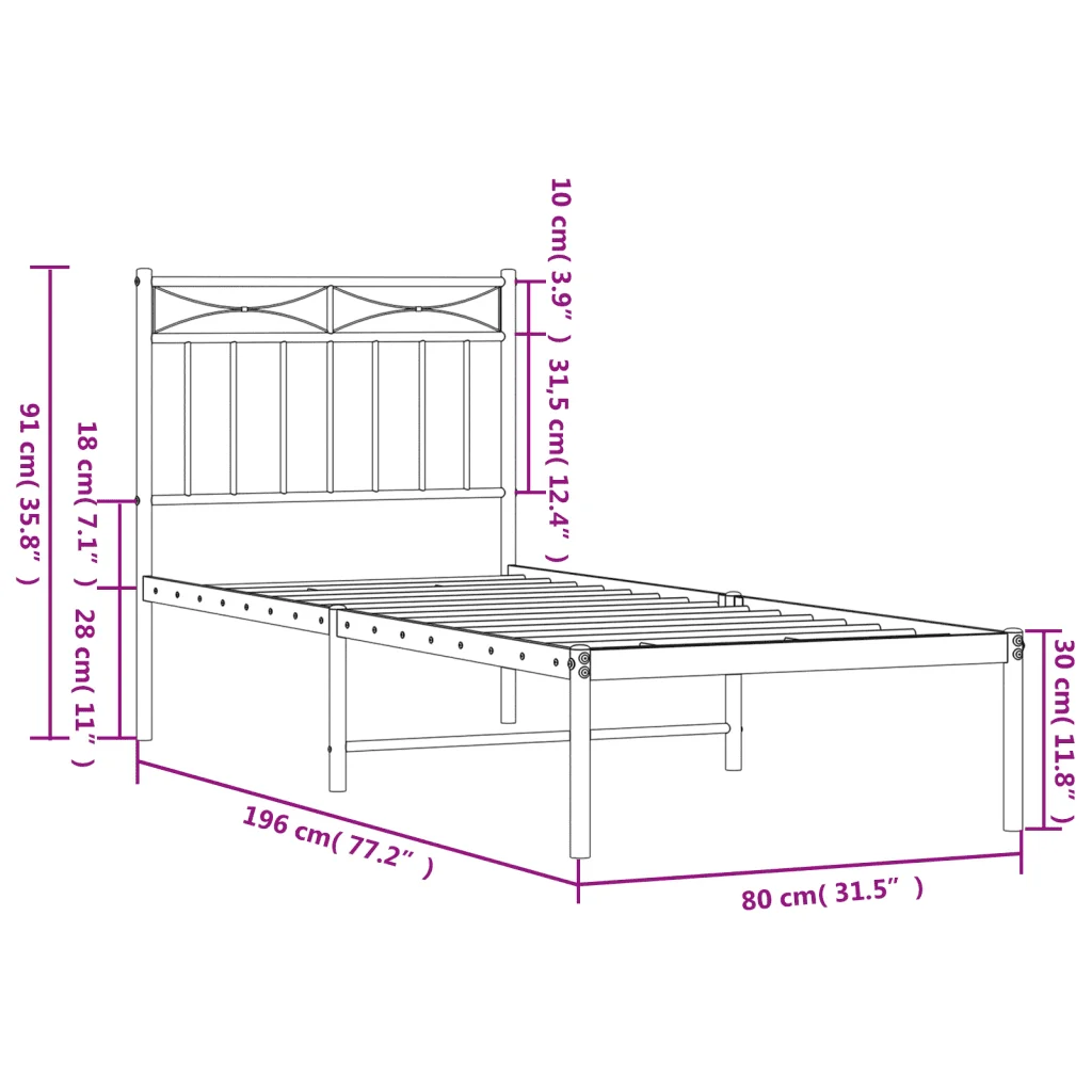 Letto singolo | Letto per adulti | Giroletto senza Materaso con Testiera Metallo Bianco 75x190 cm - Image 9