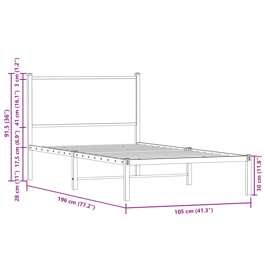 Letto singolo | Letto per adulti | Giroletto senza Materaso in Metallo Rovere Fumo 100x190 cm - Image 10