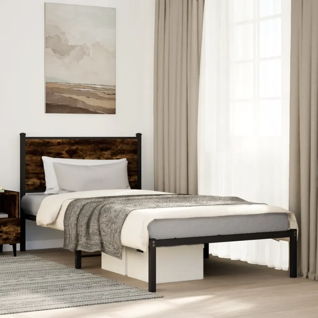 Letto singolo | Letto per adulti | Giroletto senza Materaso in Metallo Rovere Fumo 100x190 cm - Image 2