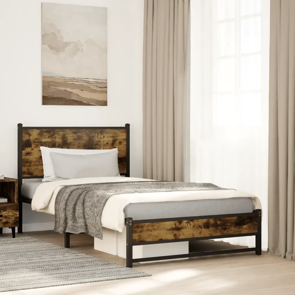 Letto singolo | Letto per adulti | Giroletto senza Materaso in Metallo Rovere Fumo 100x190 cm - Image 2