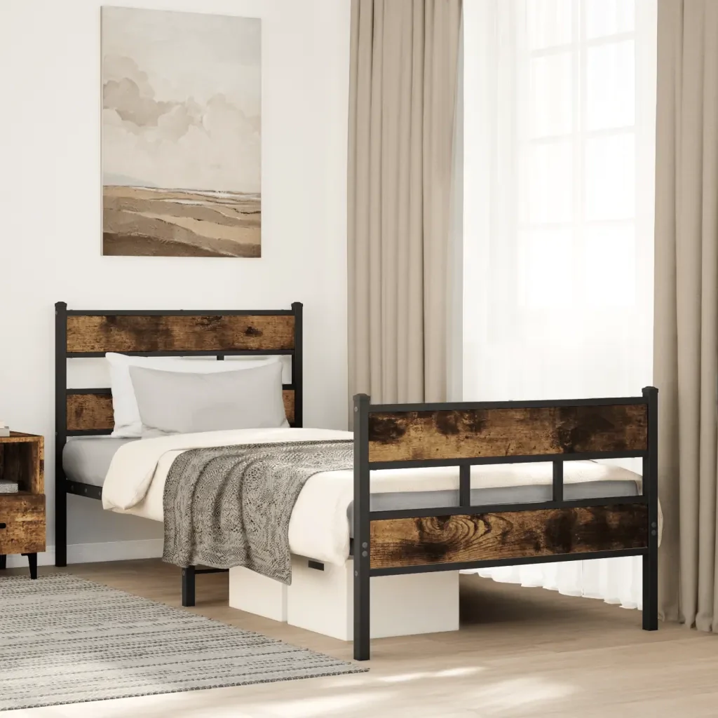 Letto singolo | Letto per adulti | Giroletto senza Materaso in Metallo Rovere Fumo 100x200 cm - Image 2