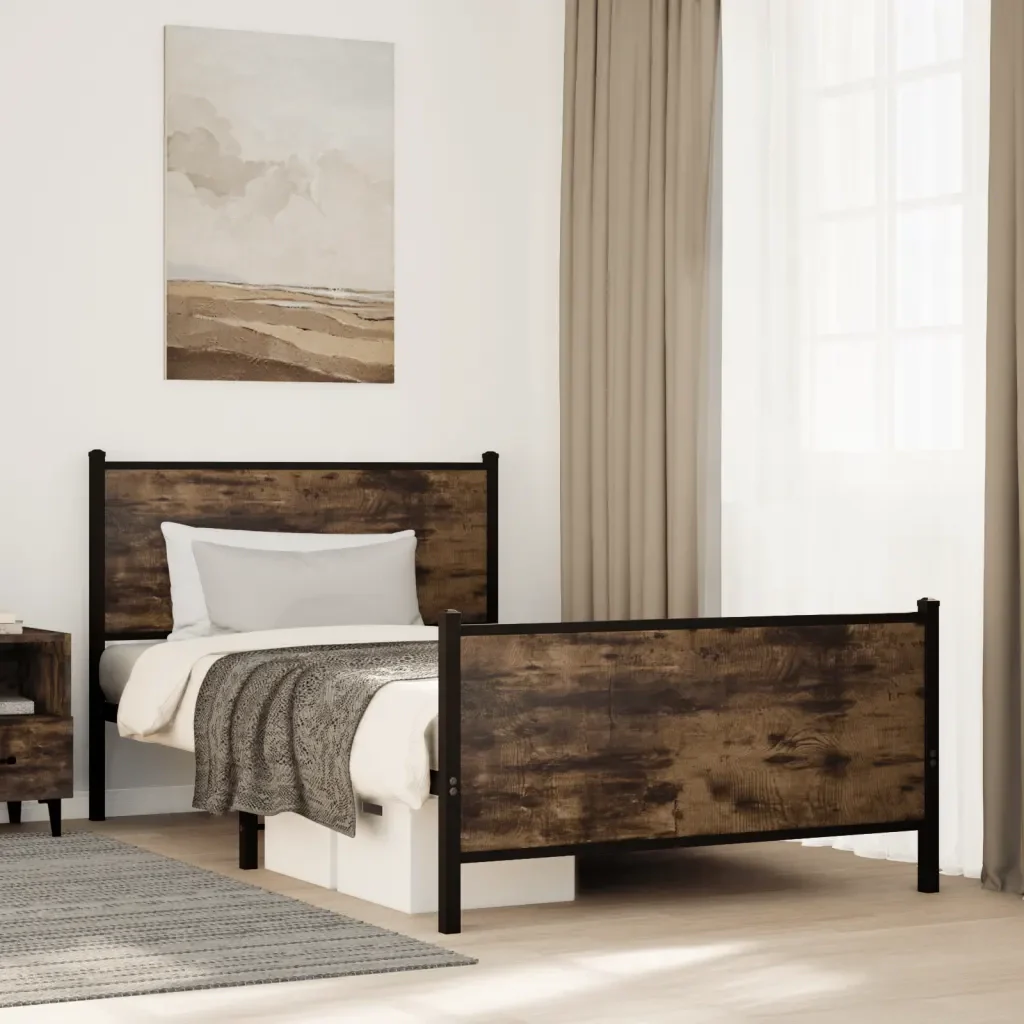 Letto singolo | Letto per adulti | Giroletto senza Materaso in Metallo Rovere Fumo 100x200 cm - Image 2