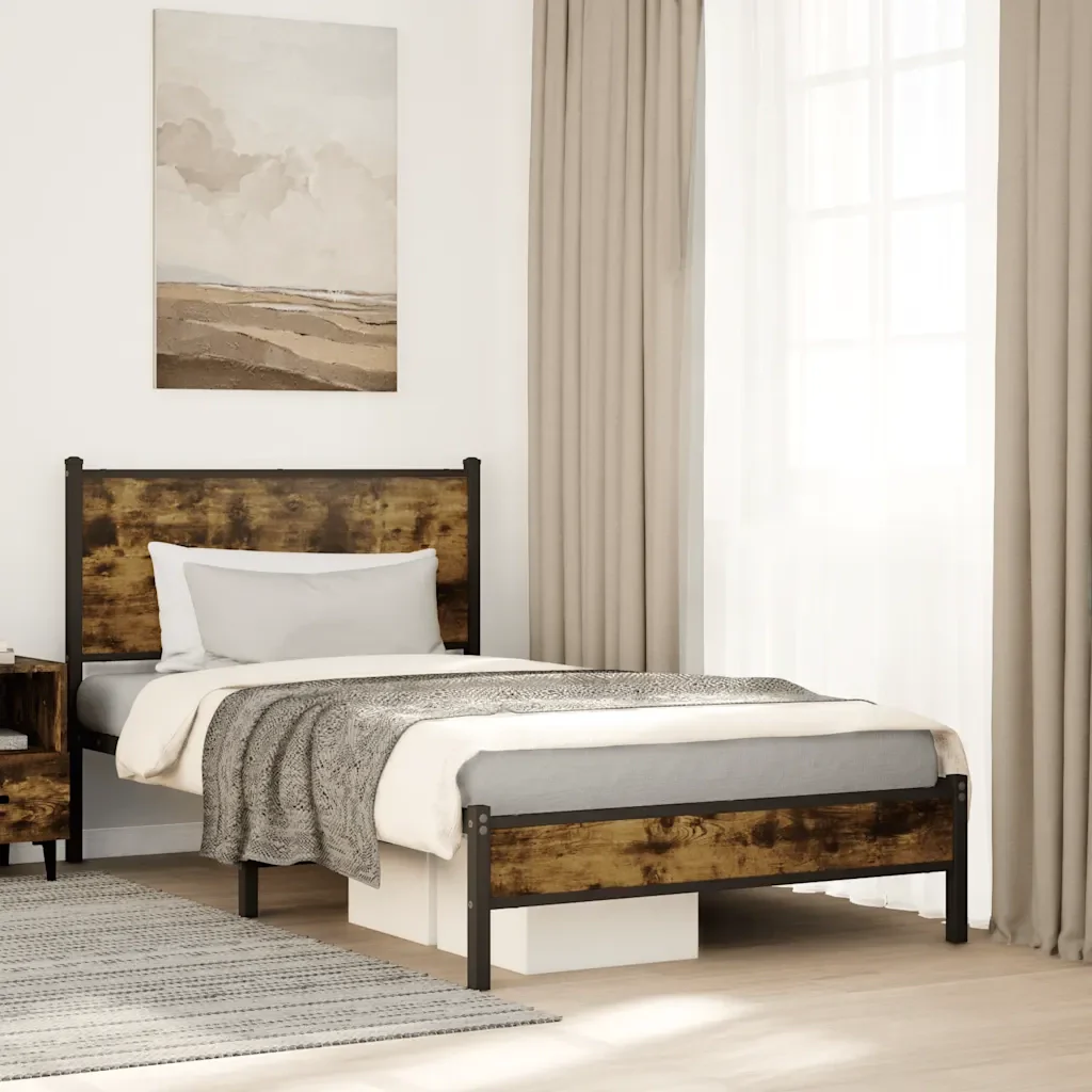 Letto singolo | Letto per adulti | Giroletto senza Materaso in Metallo Rovere Fumo 100x200 cm - Image 2