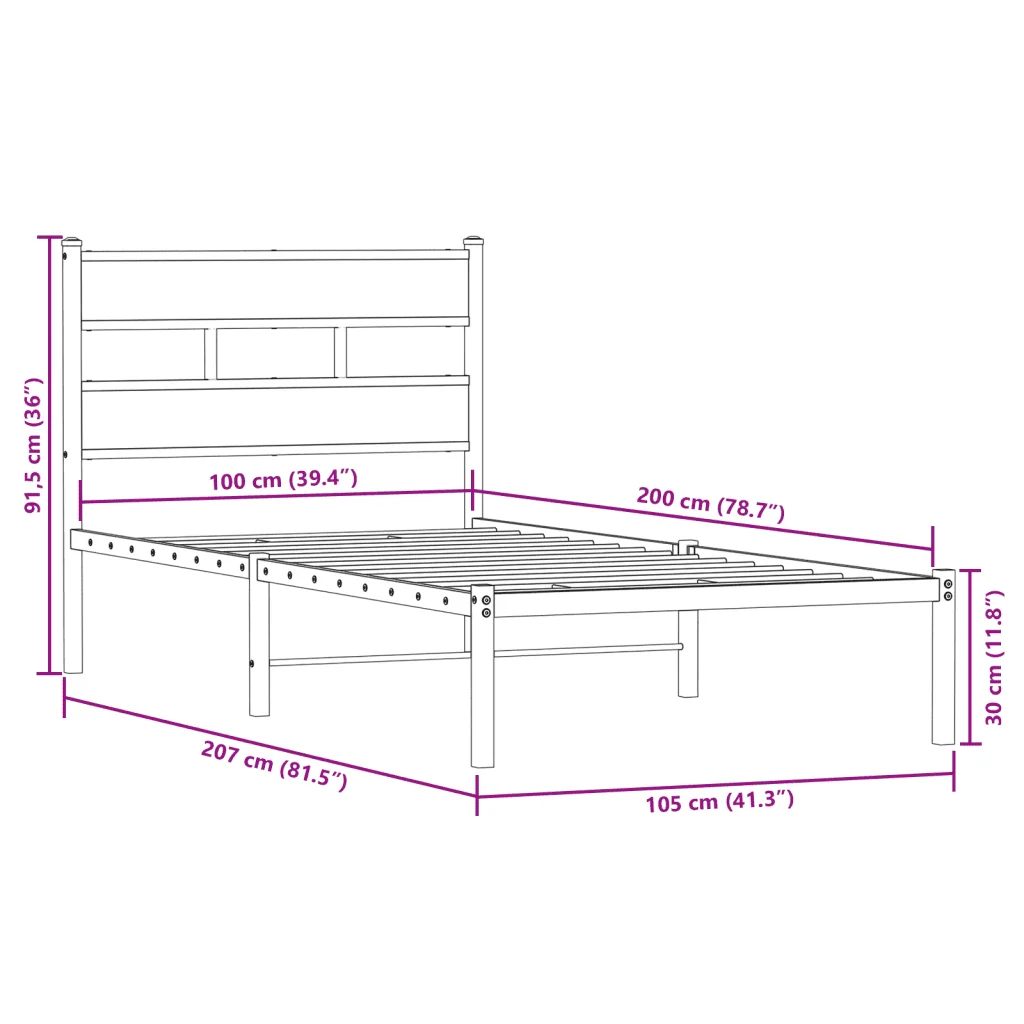 Letto singolo | Letto per adulti | Giroletto senza Materaso in Metallo Rovere Fumo 100x200 cm - Image 9