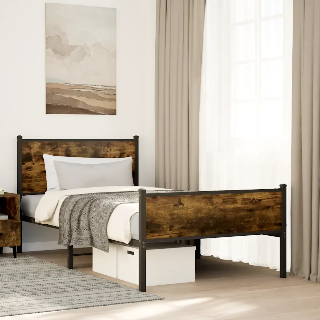 Letto singolo | Letto per adulti | Giroletto senza Materaso in Metallo Rovere Fumo 107x203 cm - Image 2