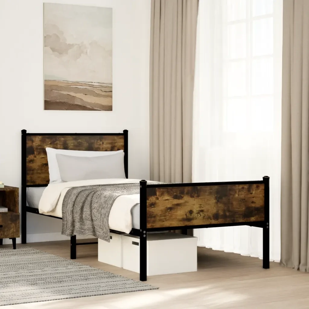 Letto singolo | Letto per adulti | Giroletto senza Materaso in Metallo Rovere Fumo 90x190 cm - Image 2