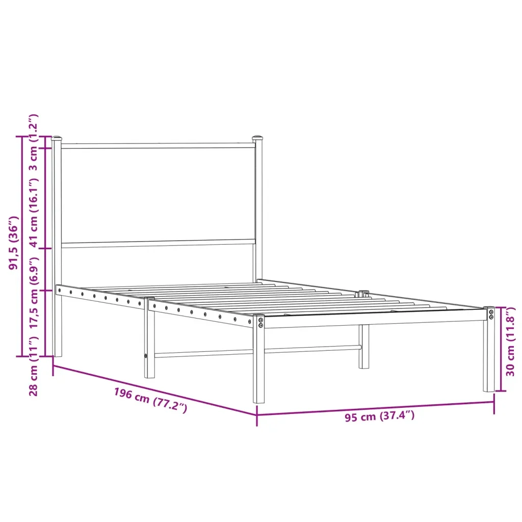 Letto singolo | Letto per adulti | Giroletto senza Materaso in Metallo Rovere Fumo 90x190 cm - Image 10