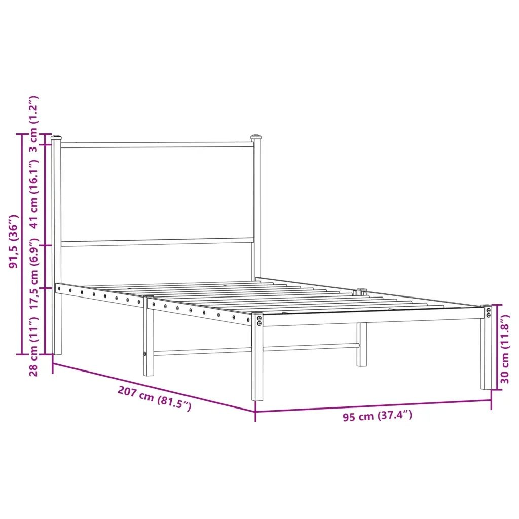 Letto singolo | Letto per adulti | Giroletto senza Materaso in Metallo Rovere Fumo 90x200 cm - Image 10